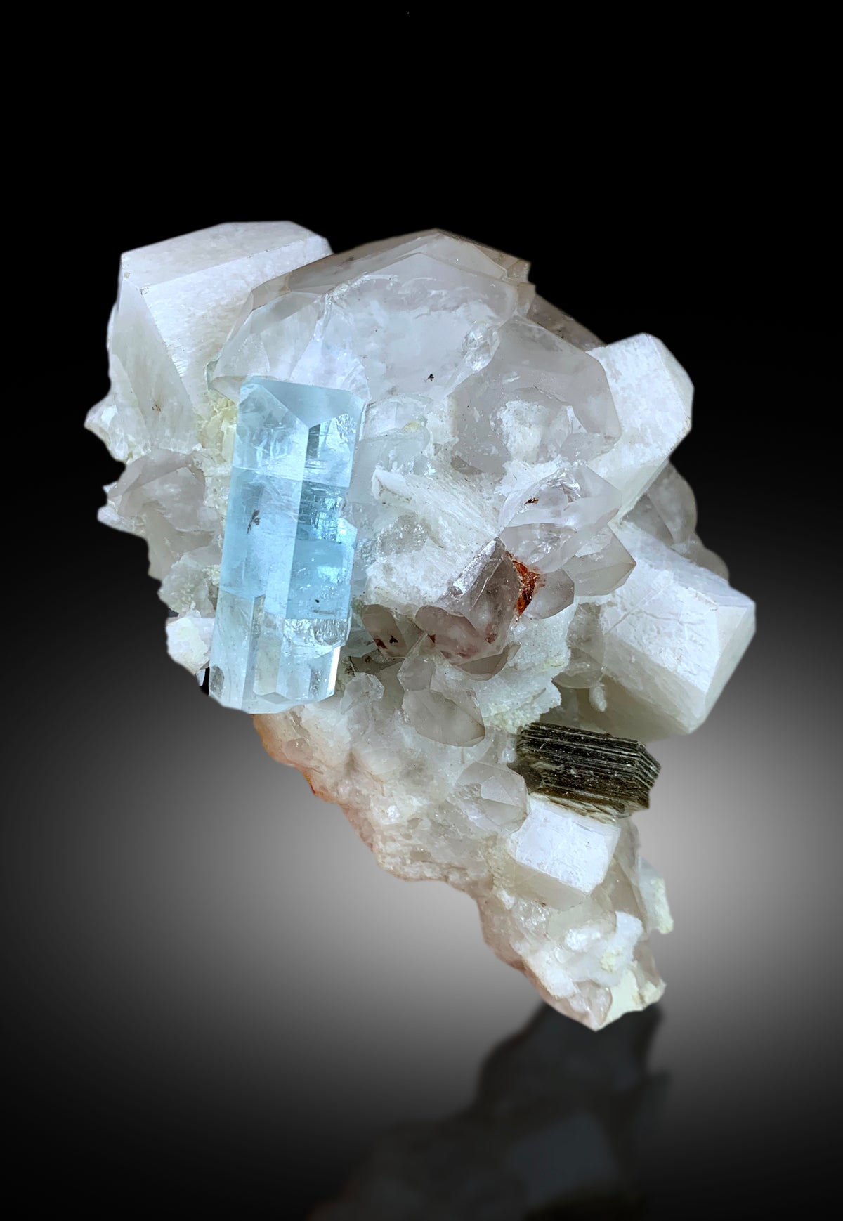 Collector grade aquamarine specimen from Pakistan
Aquamarine crystal lighting and transparency detail
Natural terminated crystal free of chips or damage
Self standing aquamarine schorl specimen full view
516 gram aquamarine crystal complete profile