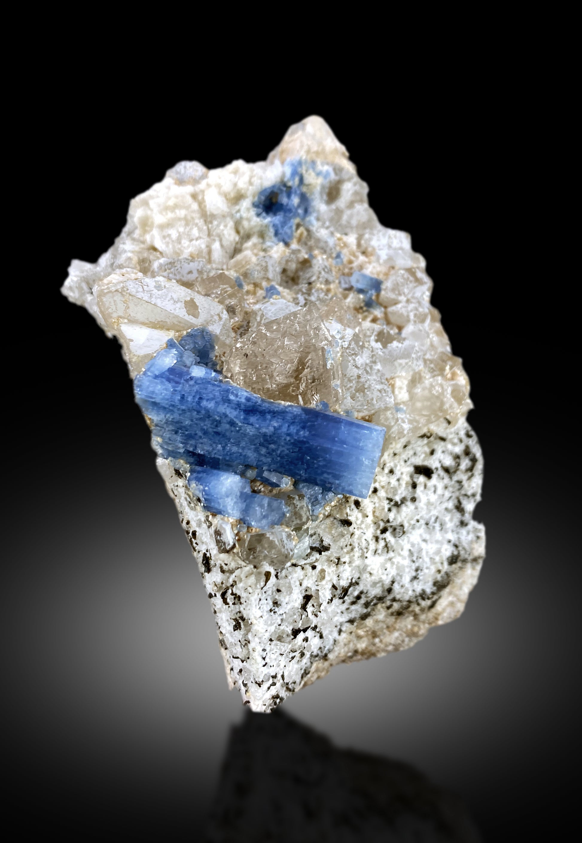 Aquamarine with topaz rare gem species combination Skardu
Self-standing aquamarine topaz specimen 82x53mm
Natural ink blue beryl crystal Shigar Valley close-up
Aquamarine topaz quartz three mineral combination specimen