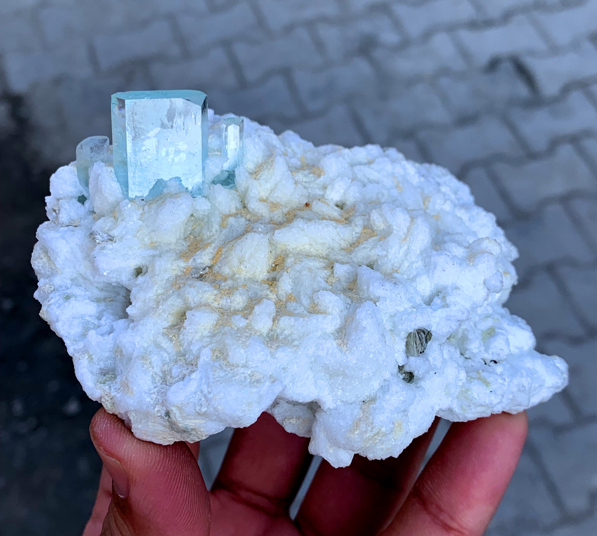 Sky blue aquamarine crystal close-up natural color luster
Aquamarine on white feldspar matrix high contrast display