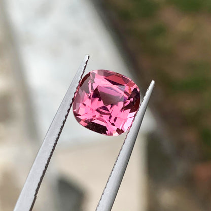 Pink tourmaline’s girdle and corner detail
Untreated pink tourmaline, 9 x 9 x 8 mm
Square cushion pink gem viewed from above
Light playing across a faceted pink tourmaline
Large pink tourmaline for a statement ring
Back facets of a loose cushion cut tourmaline
Afghan pink tourmaline, tilted view
Loose pink gemstone, full view, no setting