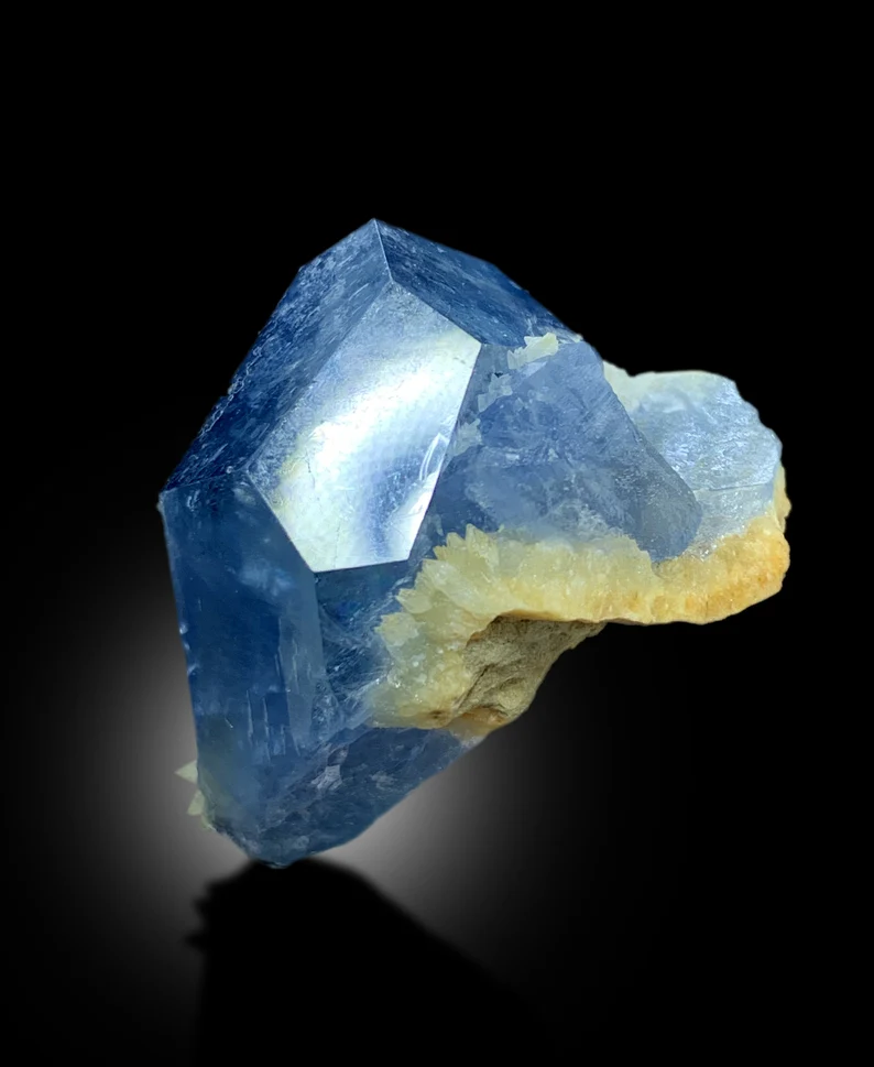 Tabular equant celestine mineral specimen full view
30 gram celestine crystal complete profile
Rare blue celestine crystal from Darai Laman