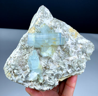 992 gram aquamarine cluster with muscovite mica
Terminated aquamarine crystals deep blue cap color