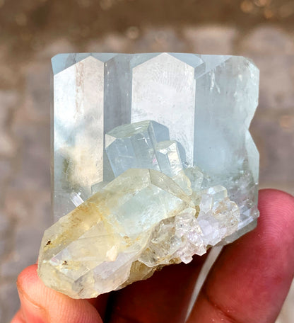 Top view of 118 gram aquamarine cluster specimen
Aquamarine cluster with scale reference for size