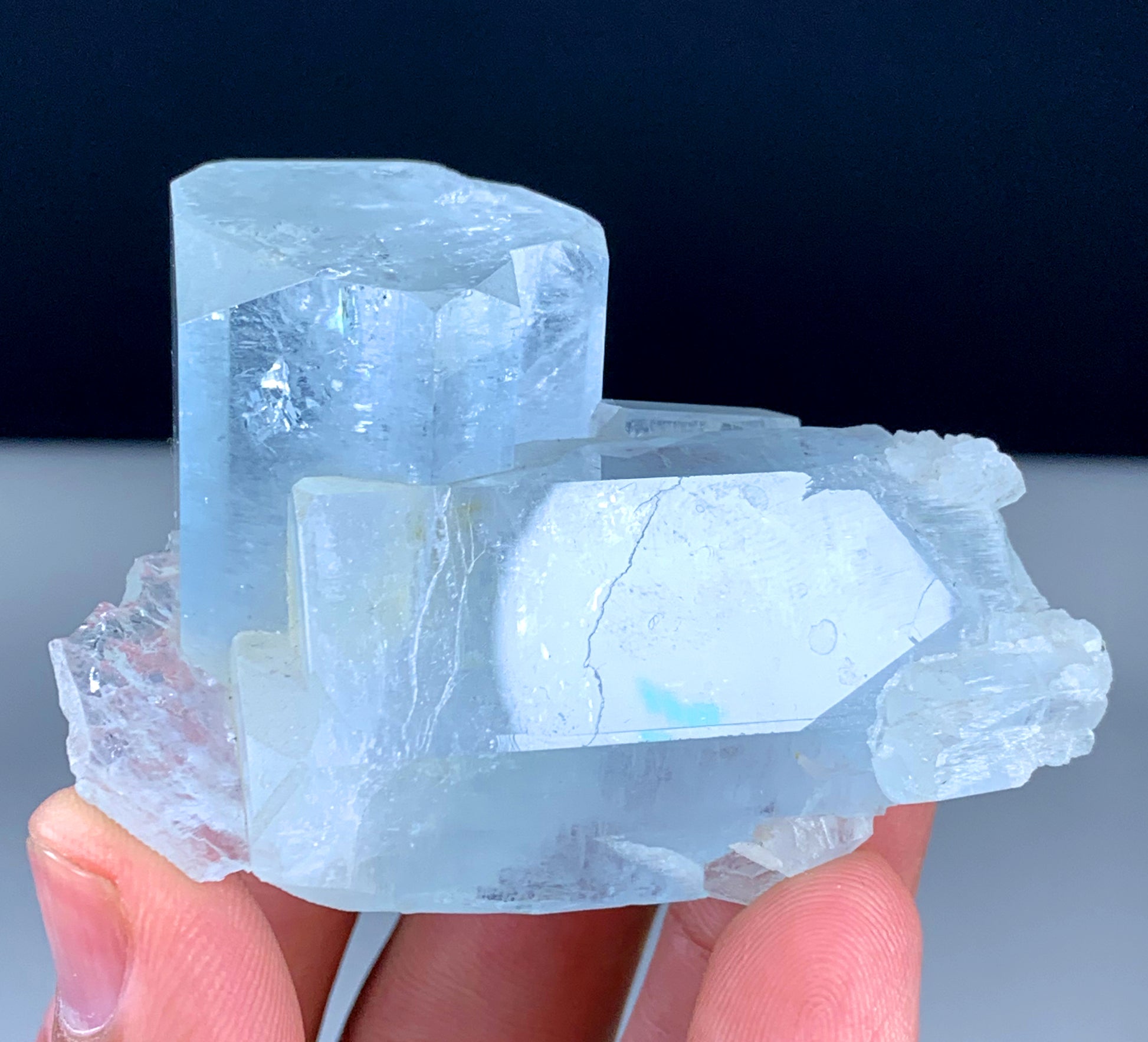 Top view of 141 gram aquamarine specimen
Aquamarine crystal with scale reference for size