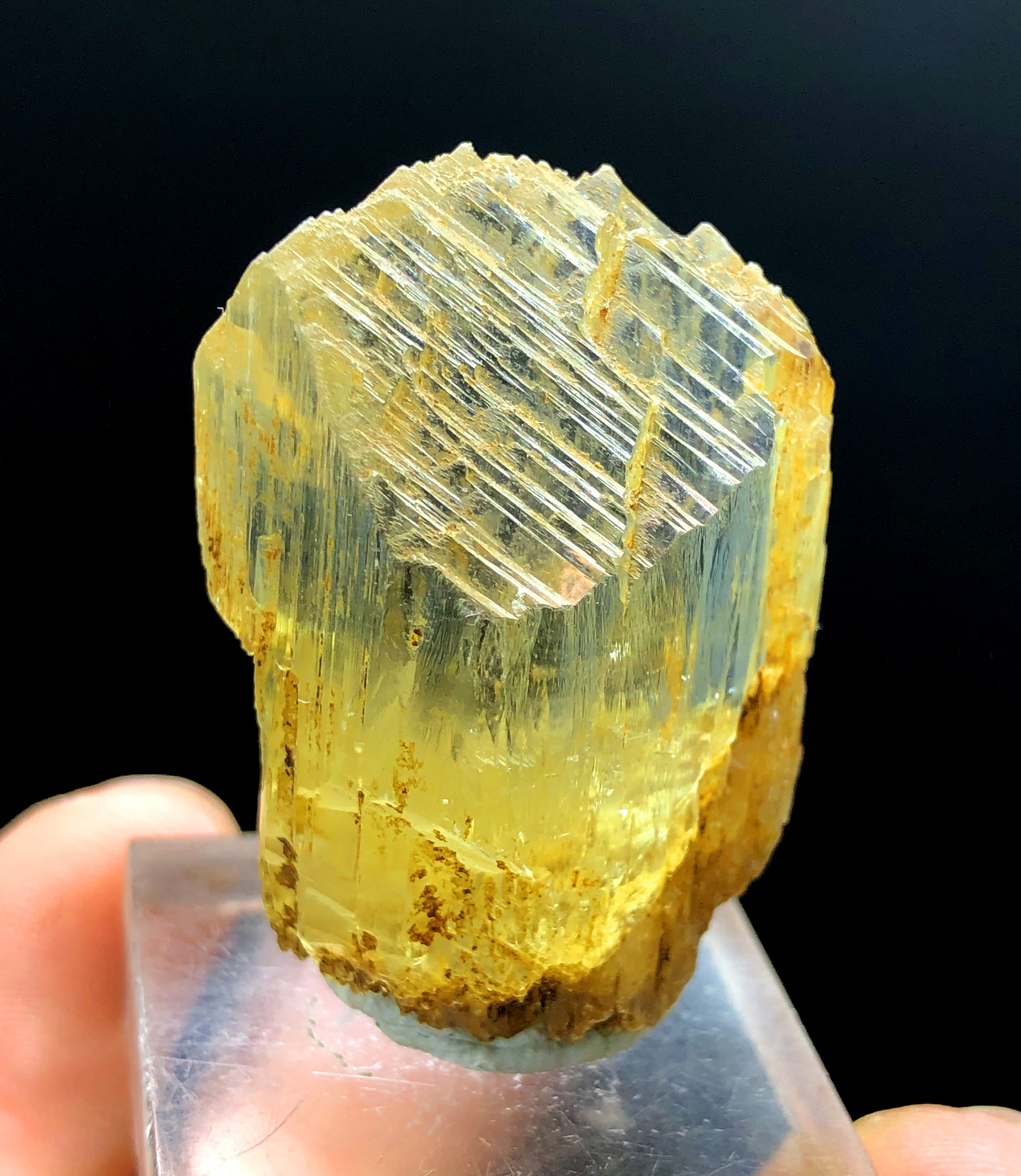 Top view of 26 gram triphane kunzite specimen
Triphane crystal with scale reference for size
