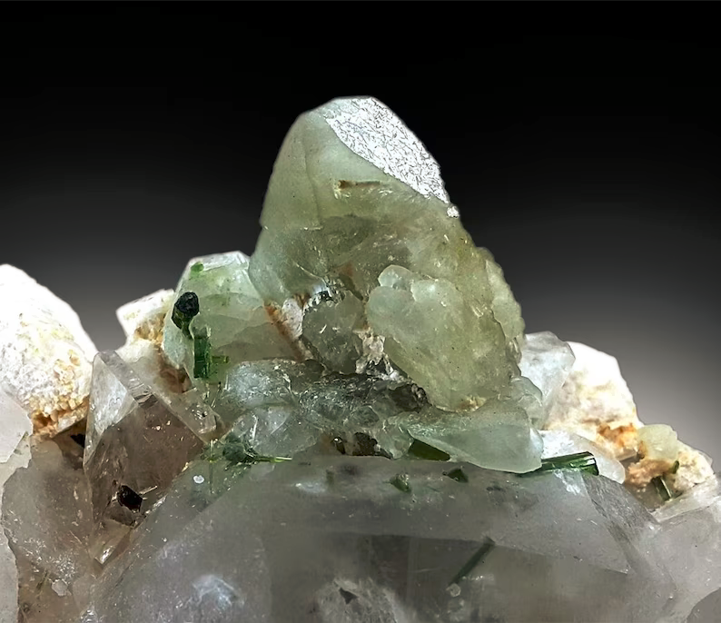 Top view of 621 gram combination mineral specimen
Herderite combination specimen with scale reference