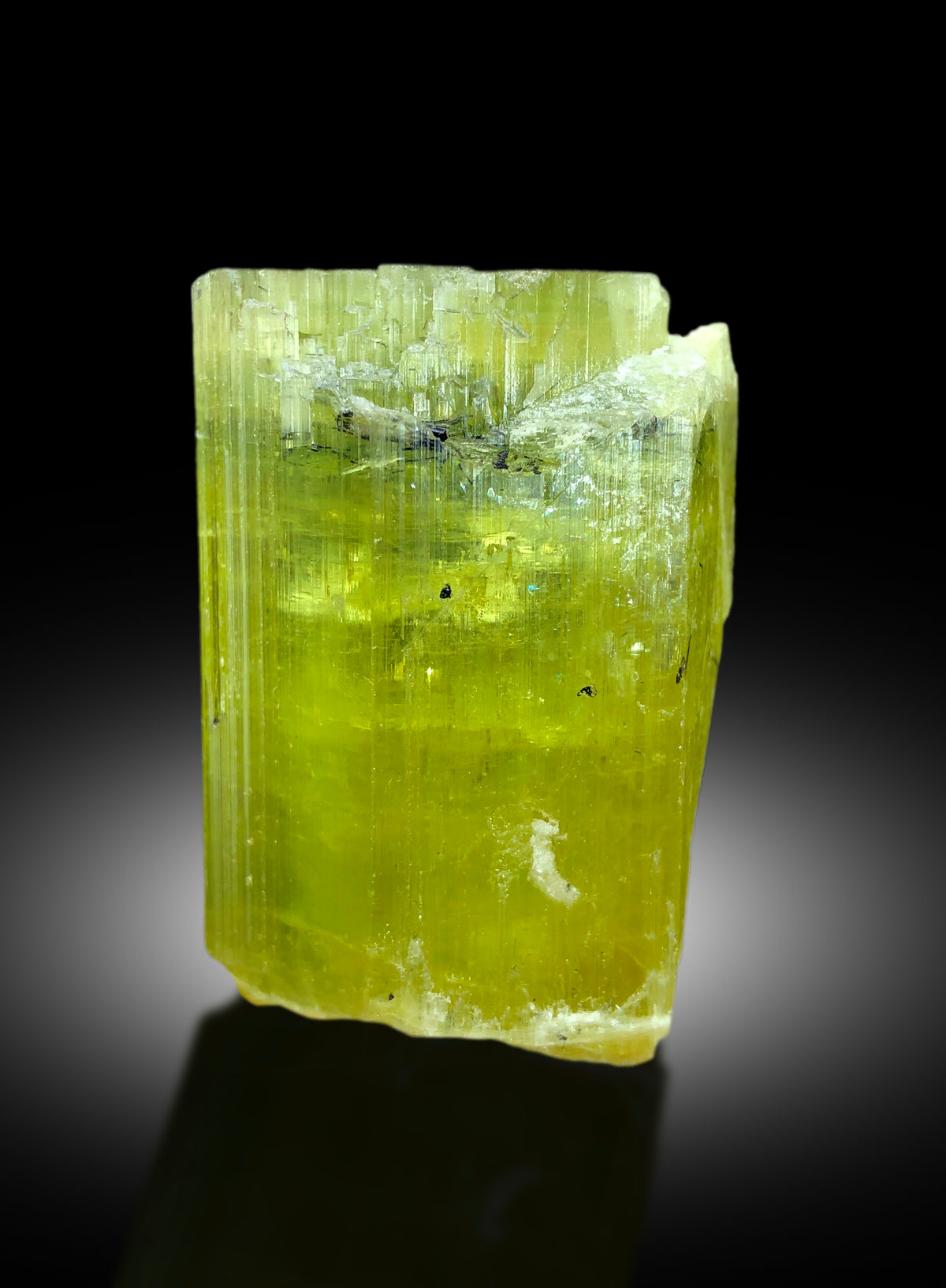 Top view of 82 gram heliodor specimen
Heliodor crystal with scale reference for size