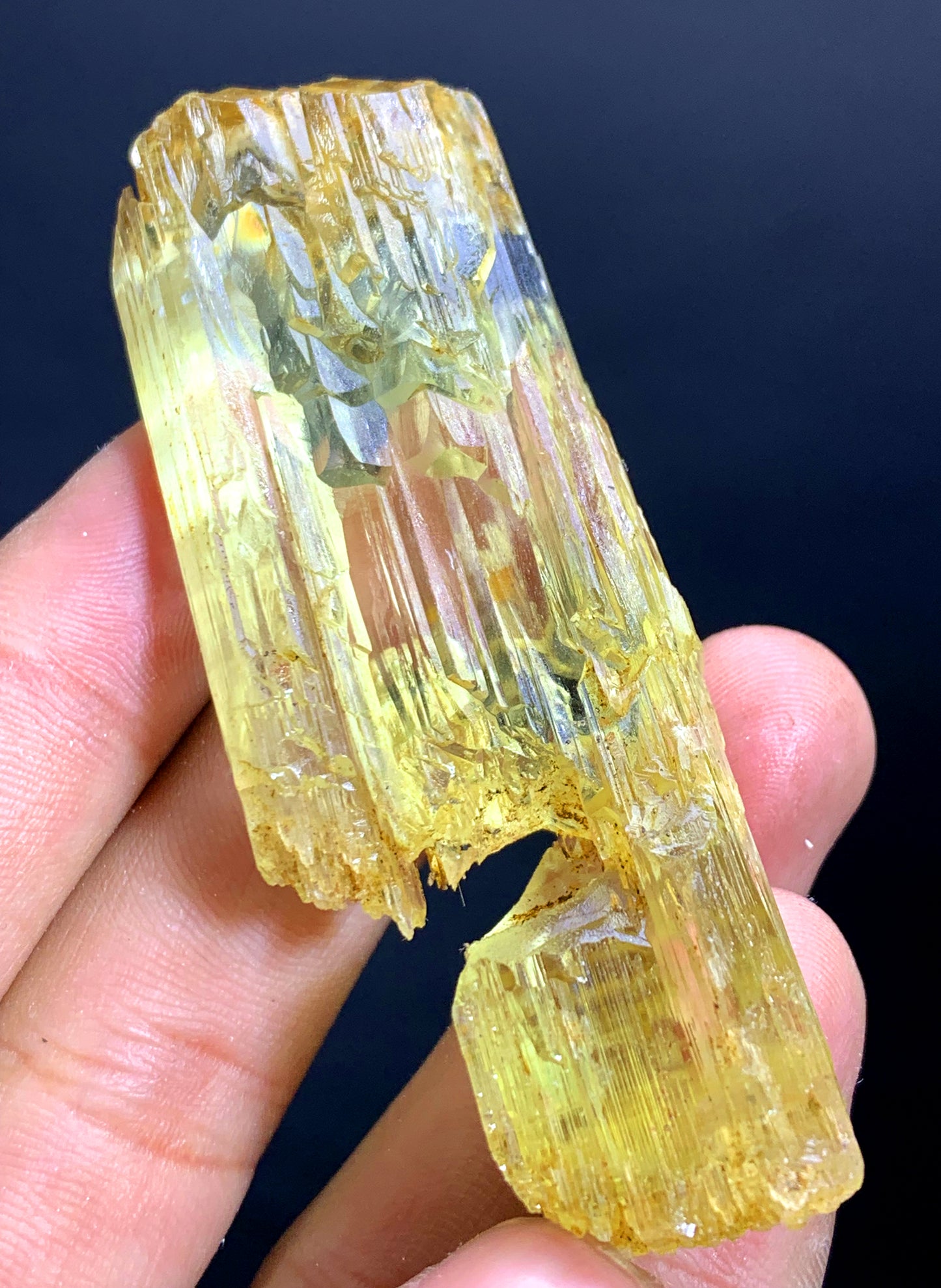 Triphane crystal with scale reference for size
Mountain shape termination on elongated triphane