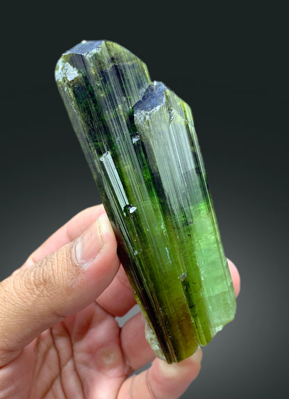 Untreated green tourmaline specimen, side angle view
Natural elbaite tourmaline crystal from Afghanistan
Green tourmaline crystal, termination point detail