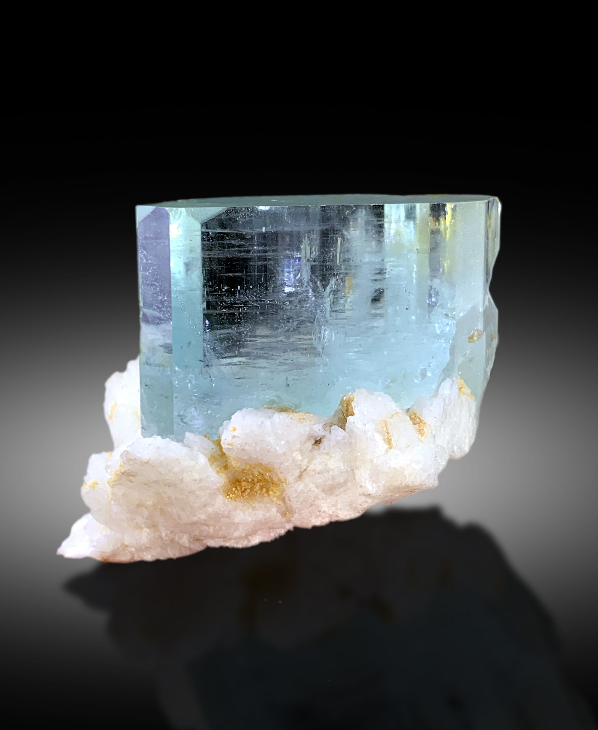 White albite feldspar matrix supporting aquamarine crystal
Shigar Valley aquamarine gem grade clarity detail shot