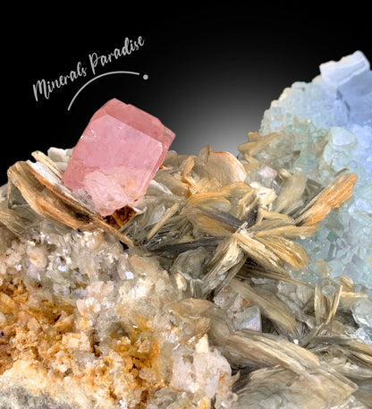 pink apatite crystal with muscovite mica
collector aquamarine mineral specimen display