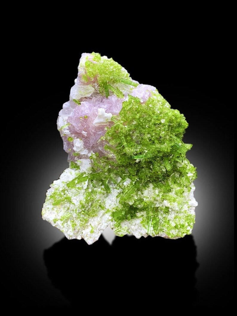 green tourmaline crystals on pink lepidolite
collector tourmaline mineral specimen