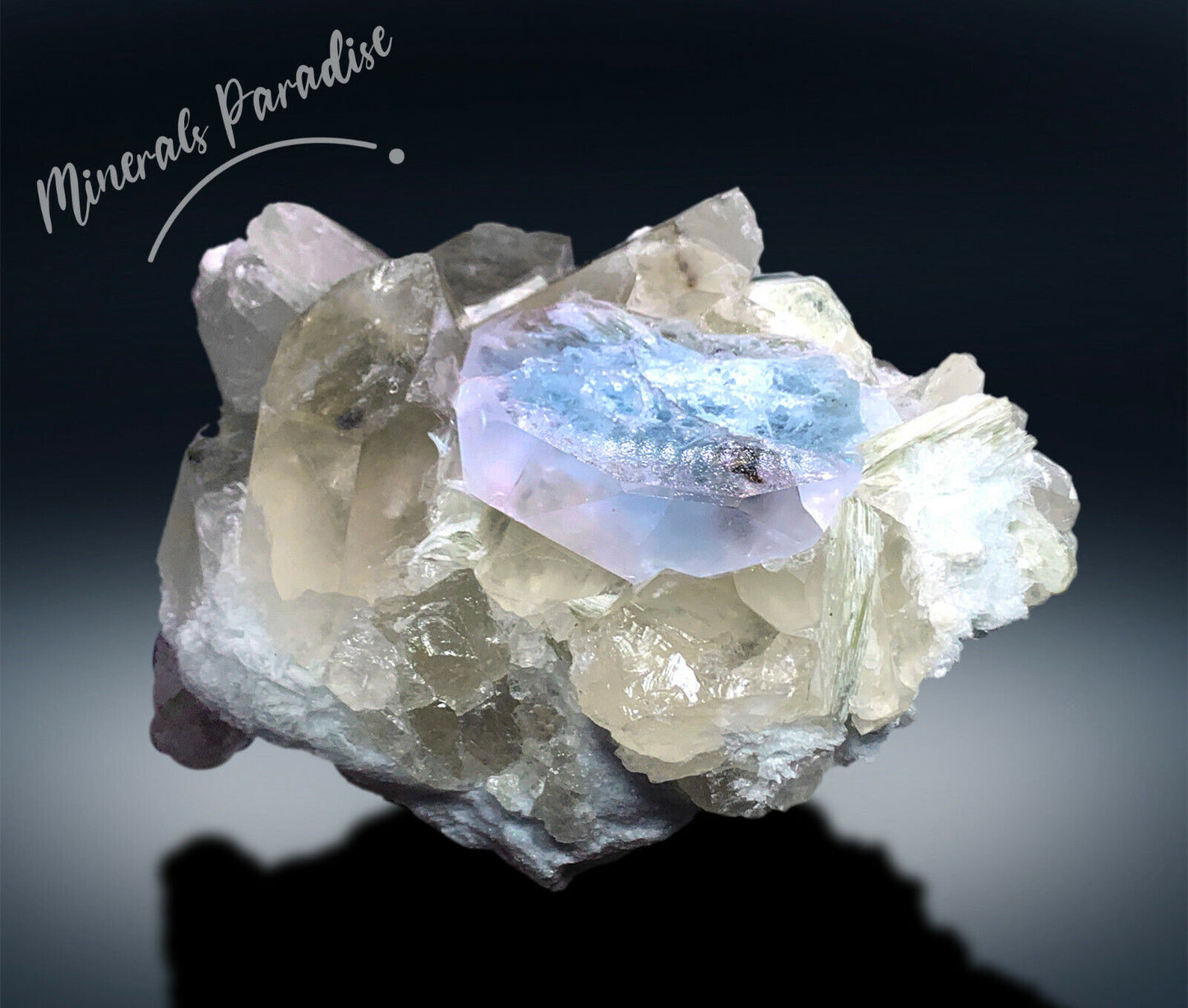 mineral specimen pink and blue beryl crystal close-up quartz and mica mineral association display
