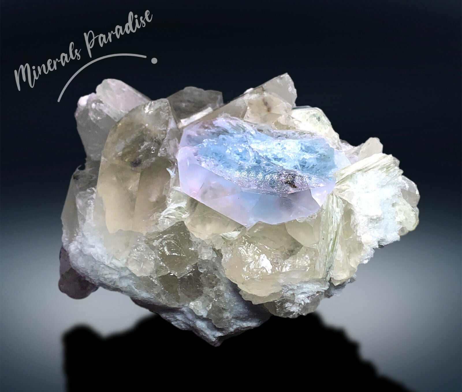 mineral specimen pink and blue beryl crystal close-up quartz and mica mineral association display