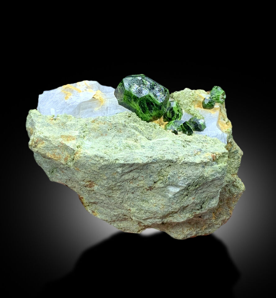 cabinet size demantoid garnet specimen
green garnet crystals with white calcite contrast