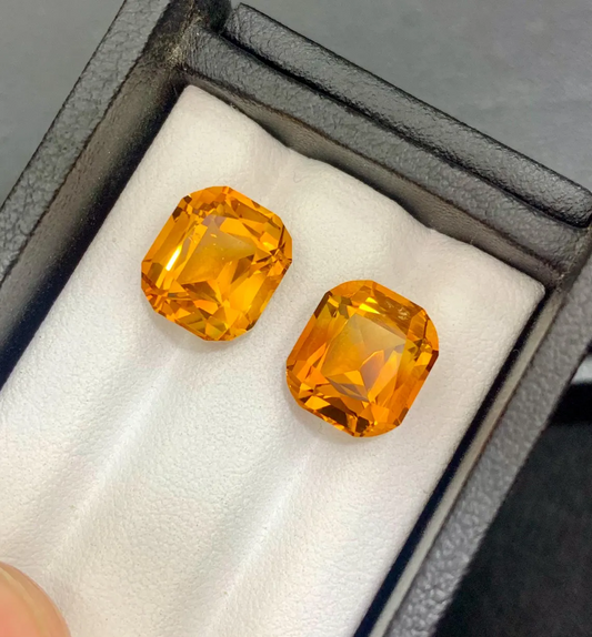 Mesmerising Orange Citrine Gems Pair, Faceted Fine Quality Cushion Cut Citrine, Bright Orange Madeira Citrine From Brazil - 9.65 carat