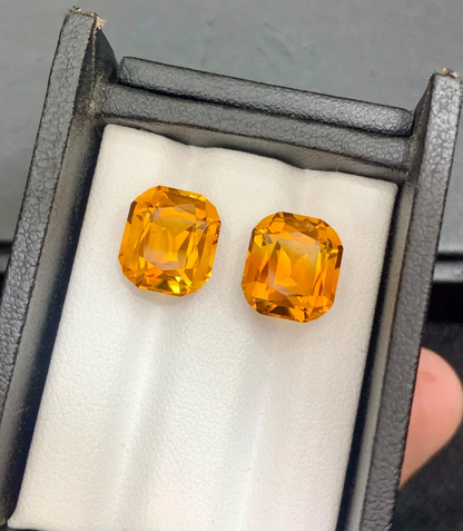 Mesmerising Orange Citrine Gems Pair, Faceted Fine Quality Cushion Cut Citrine, Bright Orange Madeira Citrine From Brazil - 9.65 carat