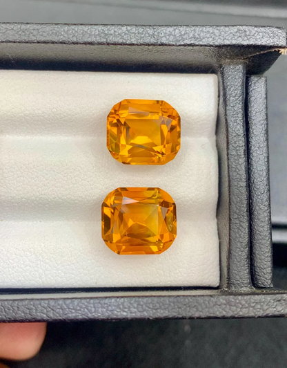 Mesmerising Orange Citrine Gems Pair, Faceted Fine Quality Cushion Cut Citrine, Bright Orange Madeira Citrine From Brazil - 9.65 carat