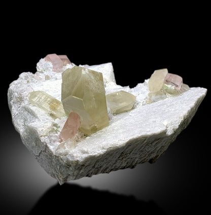 Pink Morganite Crystals with Rare Microlite Specimen and Green Tourmalines with Quartz on Feldspar, Natural Morganite Specimen