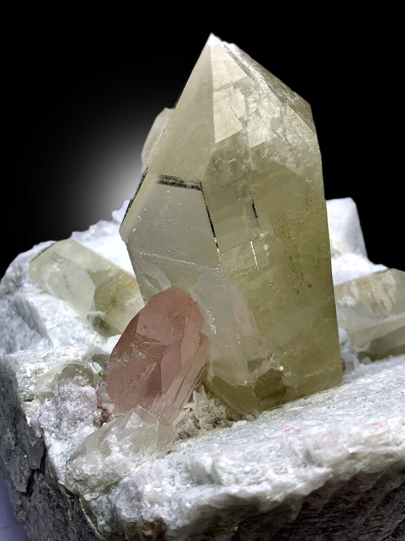 Pink Morganite Crystals with Rare Microlite Specimen and Green Tourmalines with Quartz on Feldspar, Natural Morganite Specimen