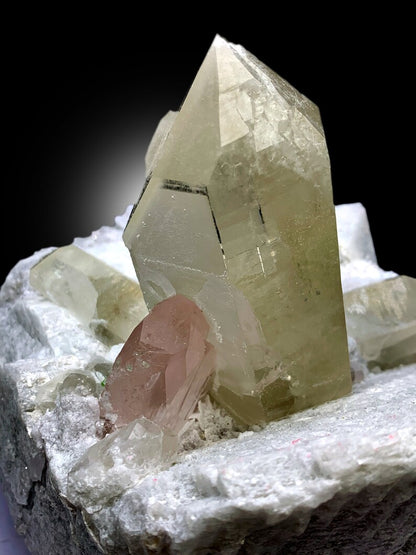 Pink Morganite Crystals with Rare Microlite Specimen and Green Tourmalines with Quartz on Feldspar, Natural Morganite Specimen