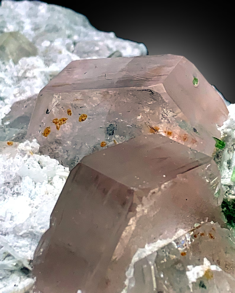 Pink Morganite Crystals with Rare Microlite Specimen and Green Tourmalines with Quartz on Feldspar, Natural Morganite Specimen