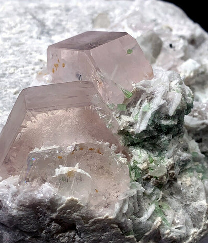 Pink Morganite Crystals with Rare Microlite Specimen and Green Tourmalines with Quartz on Feldspar, Natural Morganite Specimen