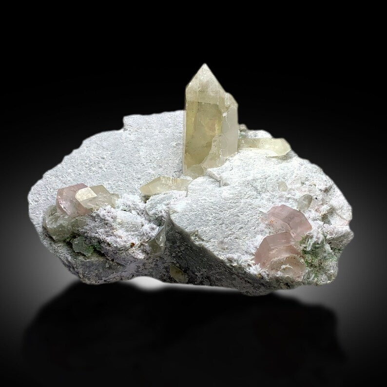 Pink Morganite Crystals with Rare Microlite Specimen and Green Tourmalines with Quartz on Feldspar, Natural Morganite Specimen