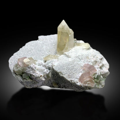 Pink Morganite Crystals with Rare Microlite Specimen and Green Tourmalines with Quartz on Feldspar, Natural Morganite Specimen