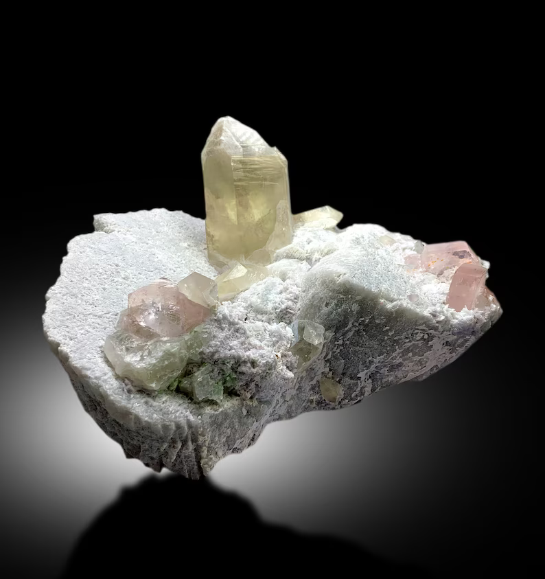 Pink Morganite Crystals with Rare Microlite Specimen and Green Tourmalines with Quartz on Feldspar, Natural Morganite Specimen