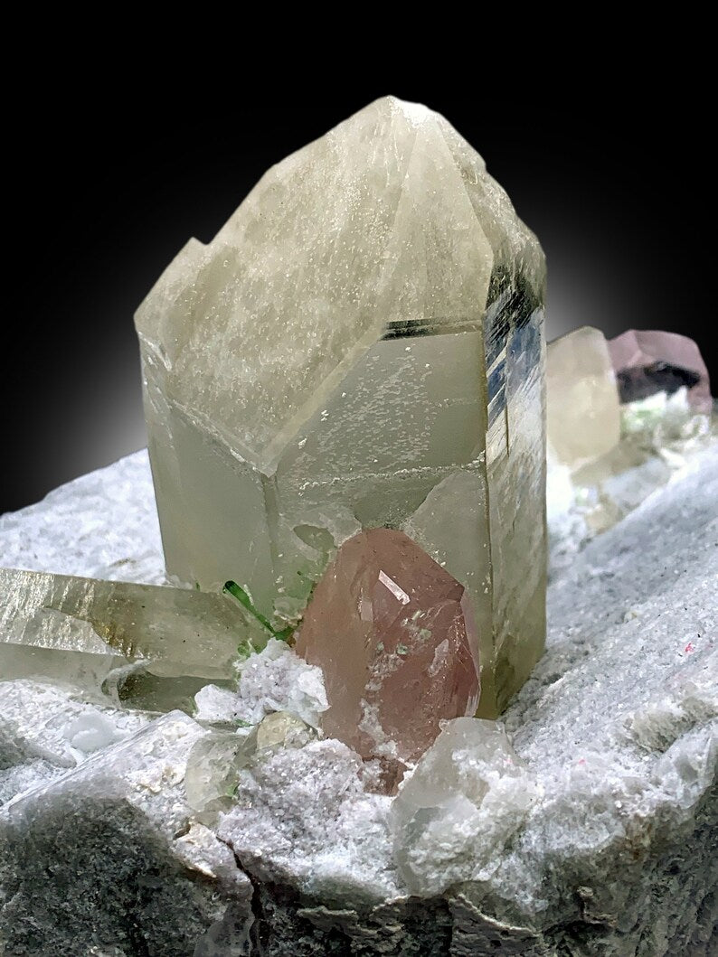 Pink Morganite Crystals with Rare Microlite Specimen and Green Tourmalines with Quartz on Feldspar, Natural Morganite Specimen