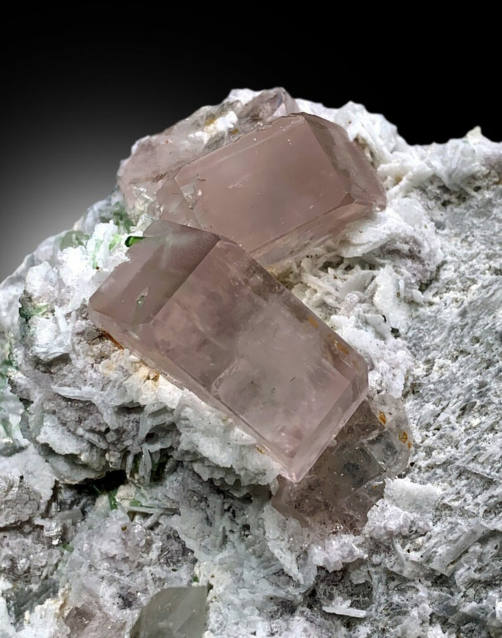 Pink Morganite Crystals with Rare Microlite Specimen and Green Tourmalines with Quartz on Feldspar, Natural Morganite Specimen