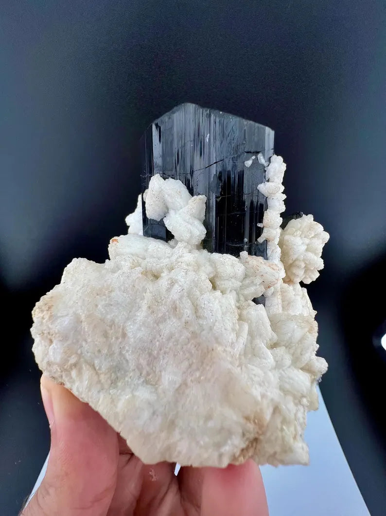 Schorl Tourmaline on Feldspar Specimen from Pakistan - 322 Grams