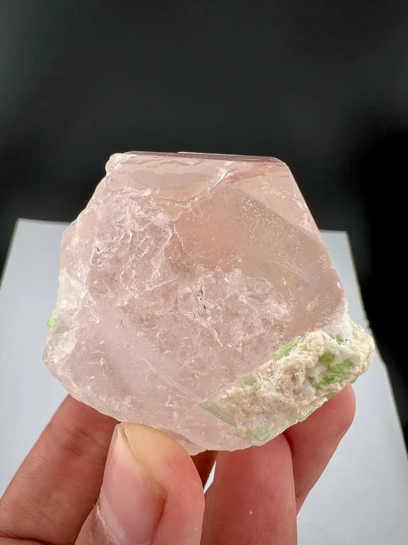 Pink Morganite Crystal with Green Tourmalines from Afghanistan - 107 Grams