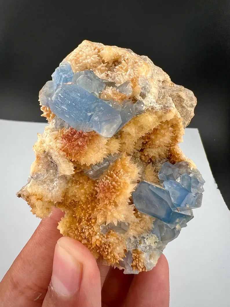 Blue Celetine Crystals with Yellow Calcite from Afghanistan - 170 Grams
