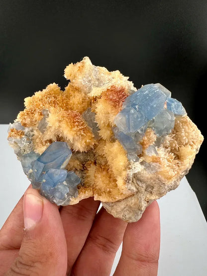 Blue Celetine Crystals with Yellow Calcite from Afghanistan - 170 Grams