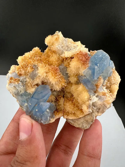 Blue Celetine Crystals with Yellow Calcite from Afghanistan - 170 Grams