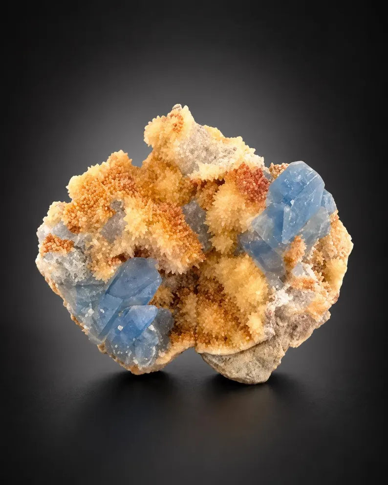 Blue Celetine Crystals with Yellow Calcite from Afghanistan - 170 Grams