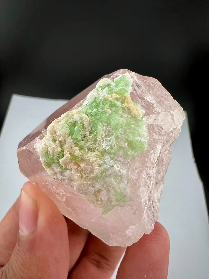 Pink Morganite Crystal with Green Tourmalines from Afghanistan - 107 Grams