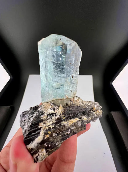 Blue Aquamarine Crystal on Schorl Tourmaline from Skardu Pakistan - 121 Grams