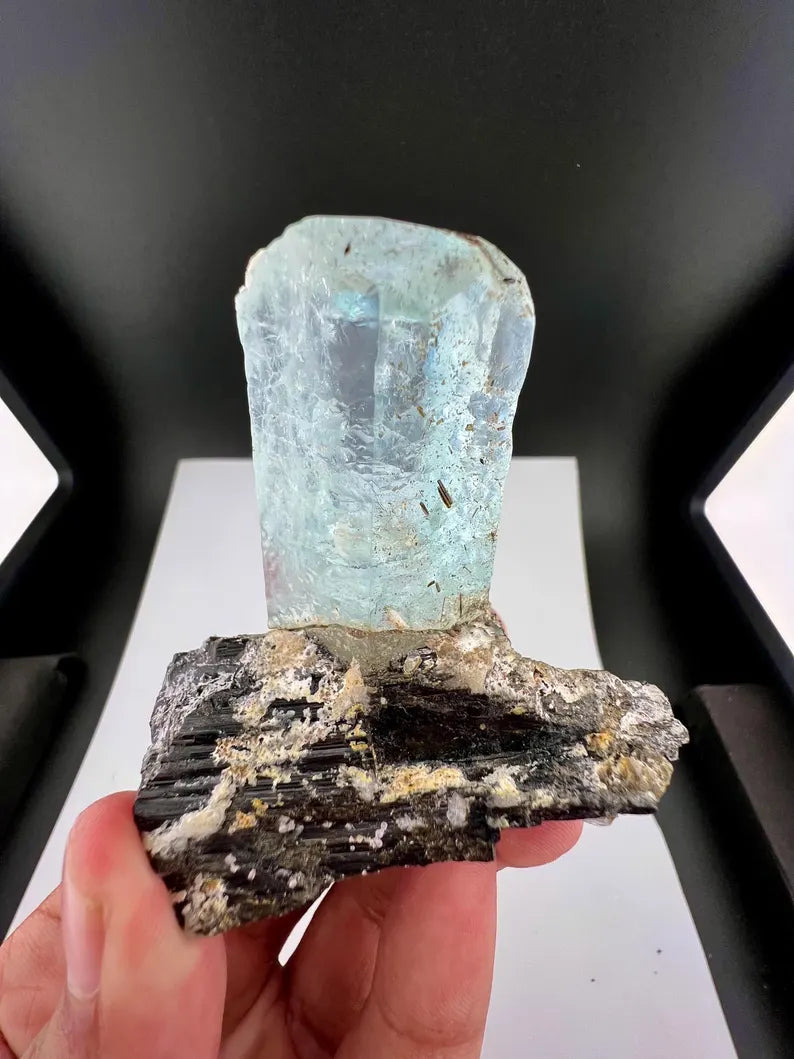Blue Aquamarine Crystal on Schorl Tourmaline from Skardu Pakistan - 121 Grams