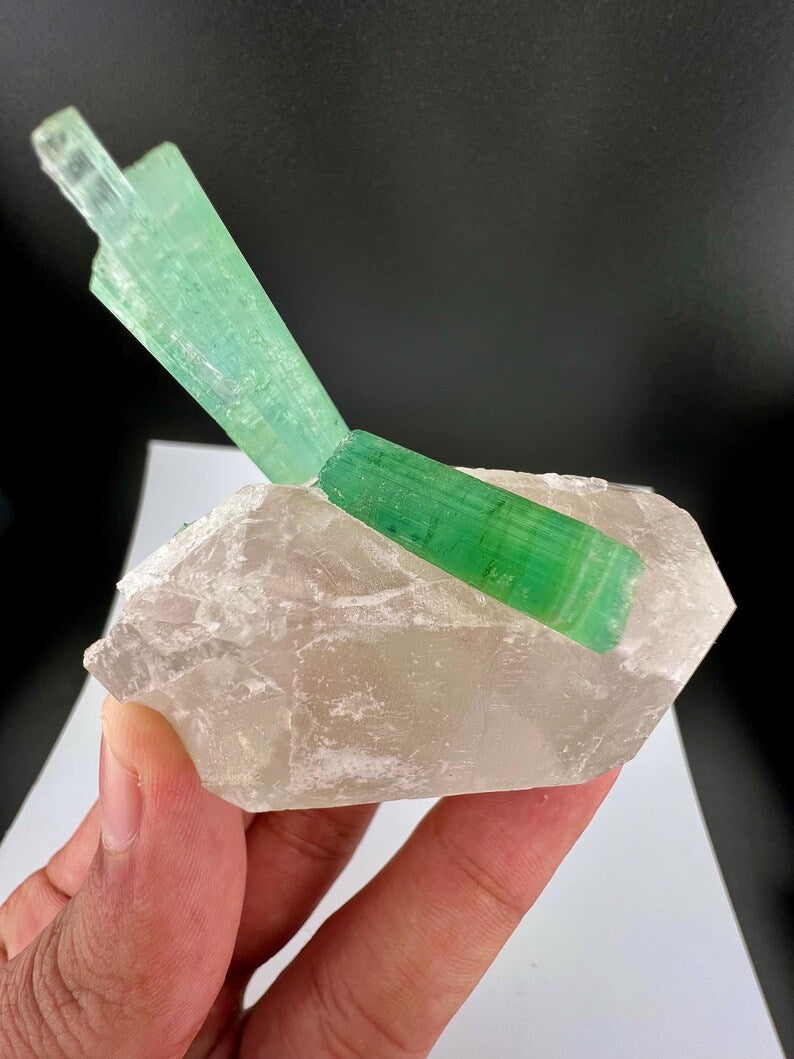 Green Tourmaline Crystals on Quartz from Afghanistan - 113 Grams