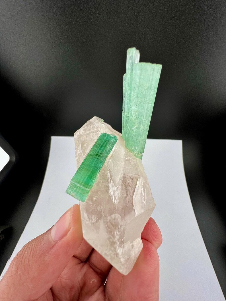 Green Tourmaline Crystals on Quartz from Afghanistan - 113 Grams
