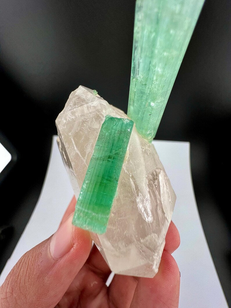 Green Tourmaline Crystals on Quartz from Afghanistan - 113 Grams