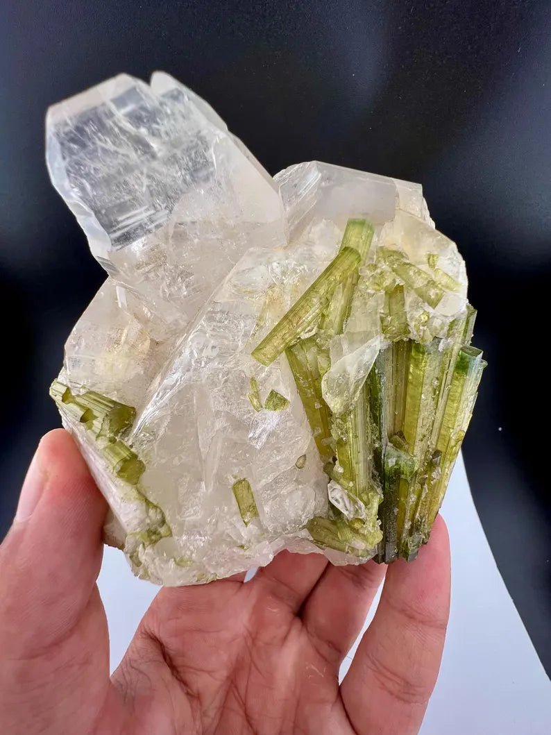 Green Tourmaline Bunch on Quartz from Skardu Pakistan - 650 Grams