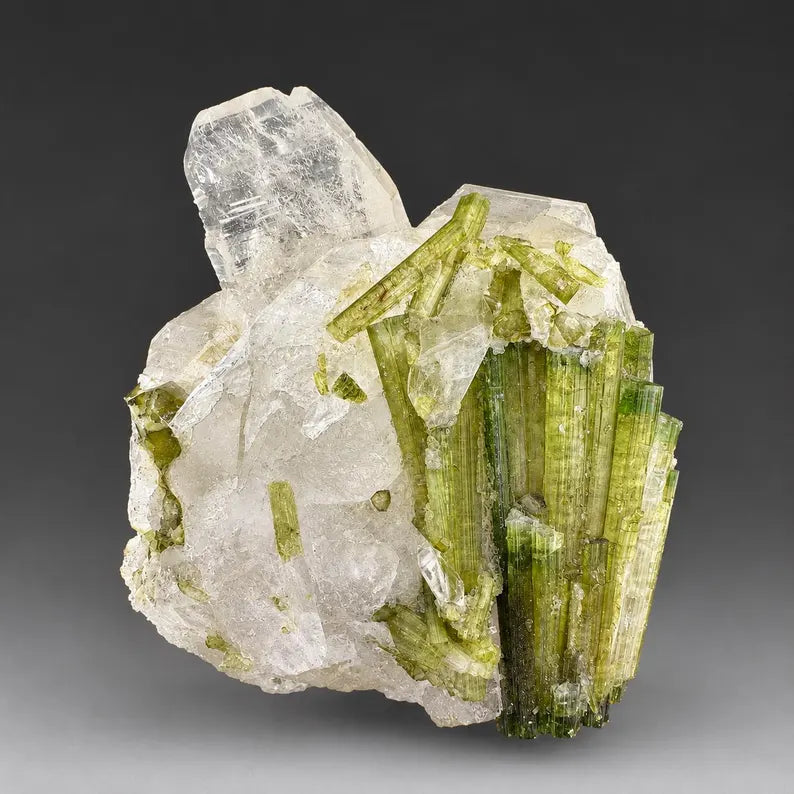 Green Tourmaline Bunch on Quartz from Skardu Pakistan - 650 Grams