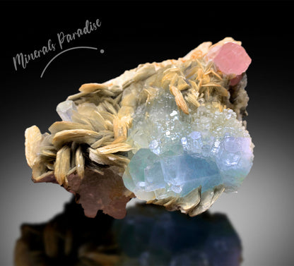 pink apatite crystal with muscovite mica
collector aquamarine mineral specimen display