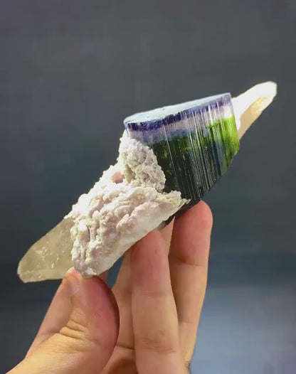 Blue Cap Tourmaline with Hambergite Lepidolite and Smoky Quartz Specimen from Paprok, Tourmaline For Sale 289 Gram