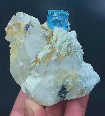 Natural Deep Blue Aquamarine Crystal with Schorl, Albite and Quartz Mineral Specimen from Haramosh Skardu Pakistan - 406 gram