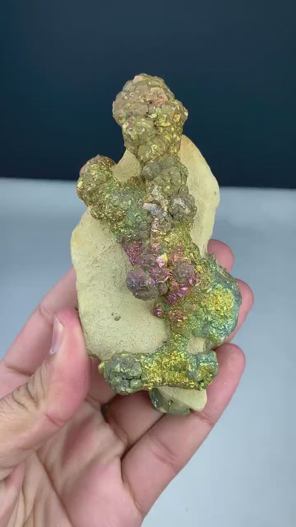 Natural Rainbow Color Pyrite on Yellow Limonite, Pyrite Crystals, Raw Mineral, Pyrite Specimen - 339 gram